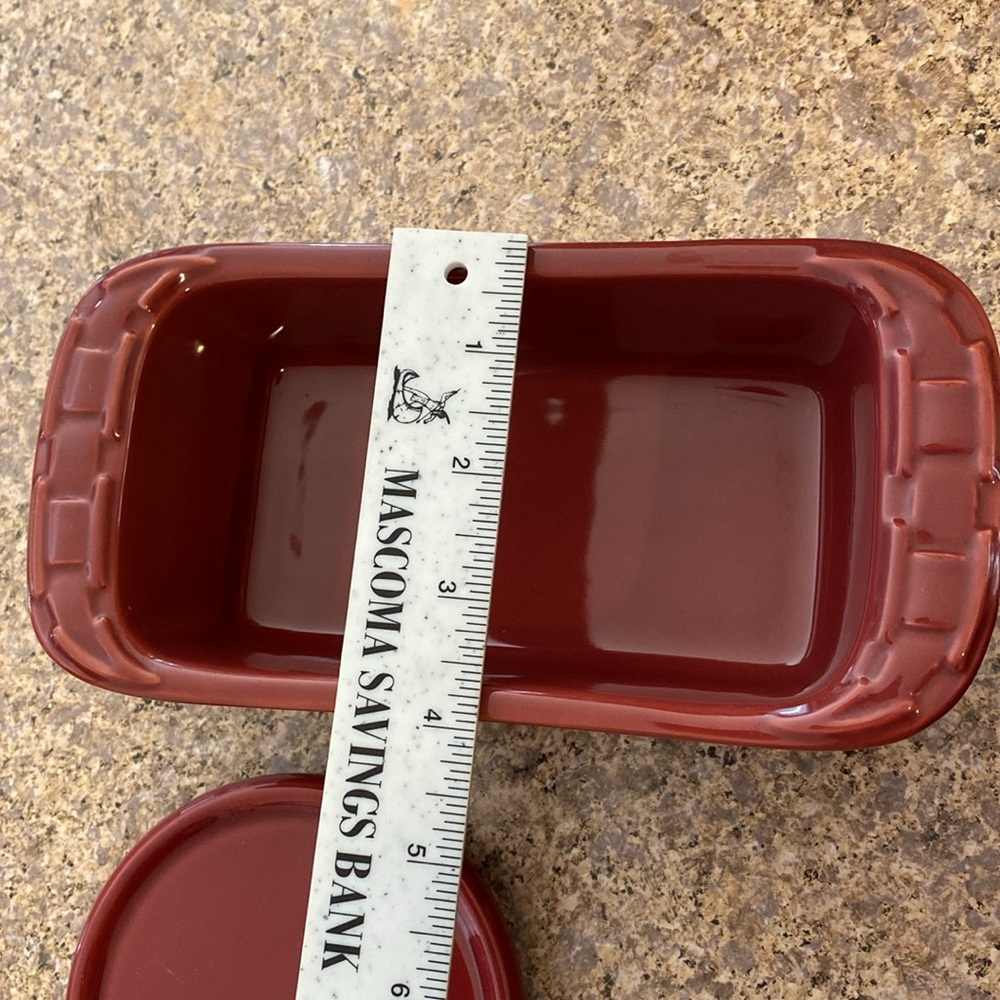 Longaberger Pottery Paprika Red Woven Traditions Small Loaf Pan, Pint Crock, Lid - Picture 4 of 14